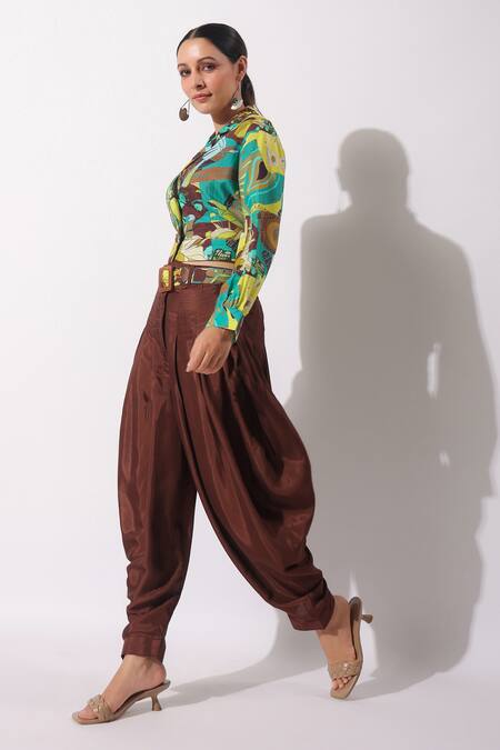Buy_Bairaas_Green Top Muslin Printed Leaf Notched Collar Abstract And Draped Pant Set