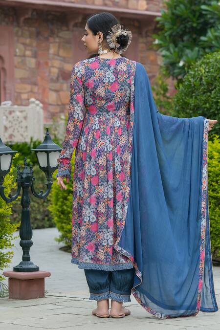 Shop_Bairaas_Blue Chiffon, Satin Tassels, Embroidery V-neck Flower Print Kurta Pant Set _at_Aza_Fashions
