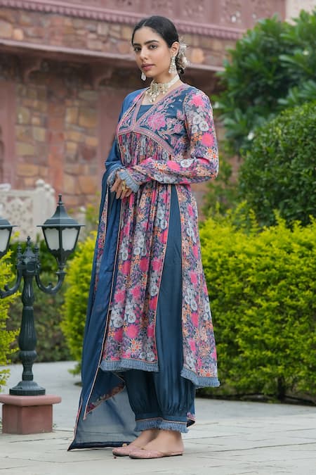 Shop_Bairaas_Blue Chiffon, Satin Tassels, Embroidery V-neck Flower Print Kurta Pant Set _Online_at_Aza_Fashions