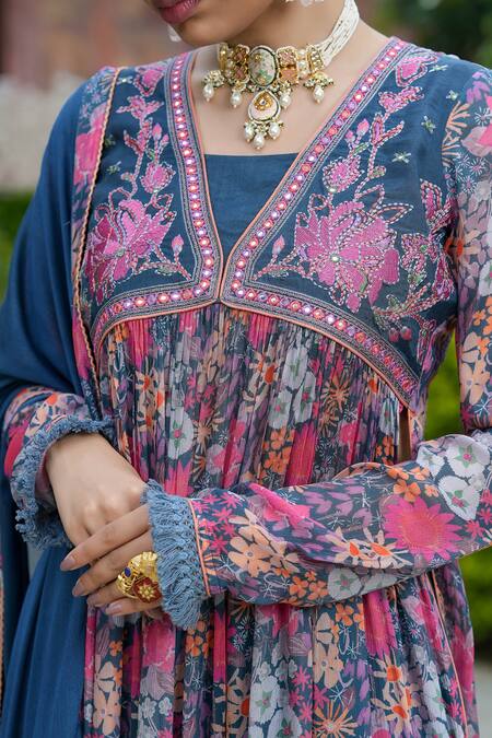 Bairaas_Blue Chiffon, Satin Tassels, Embroidery V-neck Flower Print Kurta Pant Set _at_Aza_Fashions