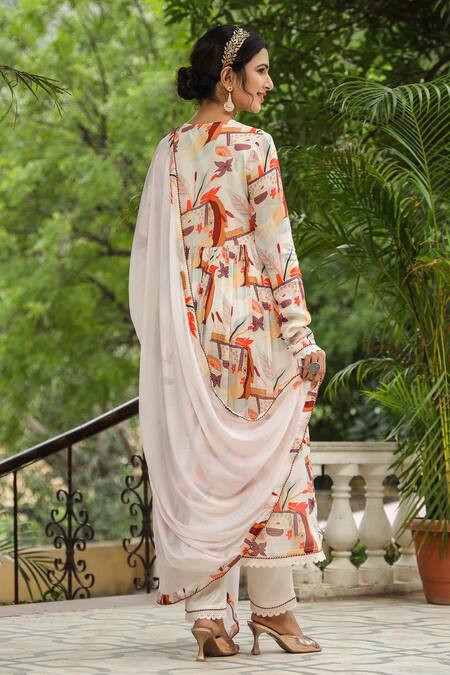 Shop_Bairaas_Cream Chiffon, Cotton Mirrors, Tassels Abstract Print Anarkali Pant Set _at_Aza_Fashions