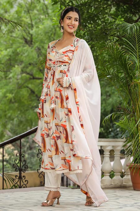 Bairaas_Cream Chiffon, Cotton Mirrors, Tassels Abstract Print Anarkali Pant Set _Online_at_Aza_Fashions