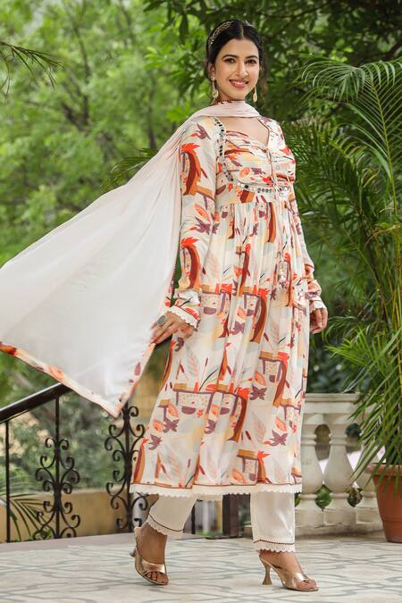 Buy_Bairaas_Cream Chiffon, Cotton Mirrors, Tassels Abstract Print Anarkali Pant Set _Online_at_Aza_Fashions