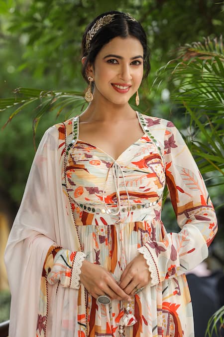 Shop_Bairaas_Cream Chiffon, Cotton Mirrors, Tassels Abstract Print Anarkali Pant Set _Online_at_Aza_Fashions