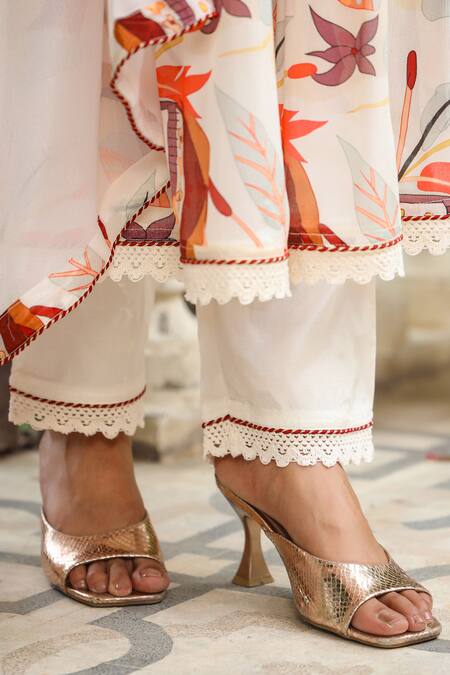 Bairaas_Cream Chiffon, Cotton Mirrors, Tassels Abstract Print Anarkali Pant Set _at_Aza_Fashions