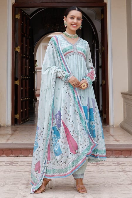 BAIRAAS Blue Anarkali And Muslin Chinnon Printed Floral V Neck Flower Pant Set