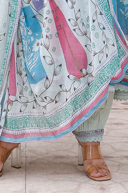 Buy_Bairaas_Blue Chiffon Embroidery V-neck Flower Print Anarkali Pant Set _Online_at_Aza_Fashions