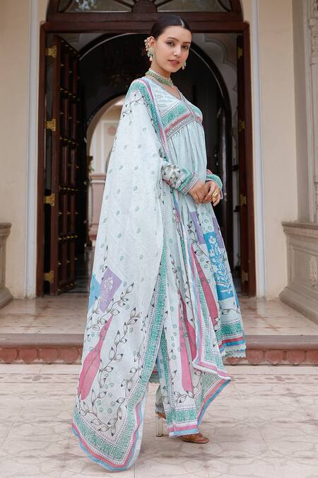 Shop_Bairaas_Blue Chiffon Embroidery V-neck Flower Print Anarkali Pant Set _Online_at_Aza_Fashions