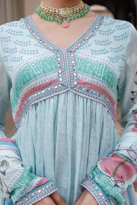 Bairaas_Blue Chiffon Embroidery V-neck Flower Print Anarkali Pant Set _at_Aza_Fashions