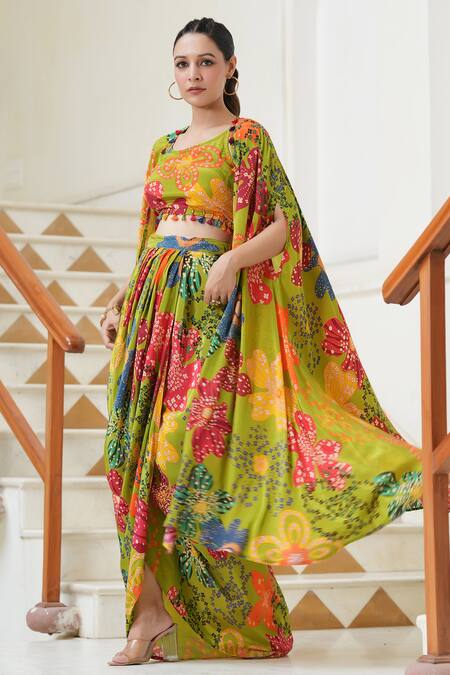 Bairaas_Green Crepe Tassels Round , Open Floral Pattern Jacket Draped Skirt Set_Online_at_Aza_Fashions