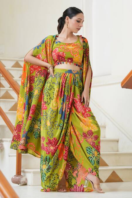 Buy_Bairaas_Green Crepe Tassels Round , Open Floral Pattern Jacket Draped Skirt Set_Online_at_Aza_Fashions