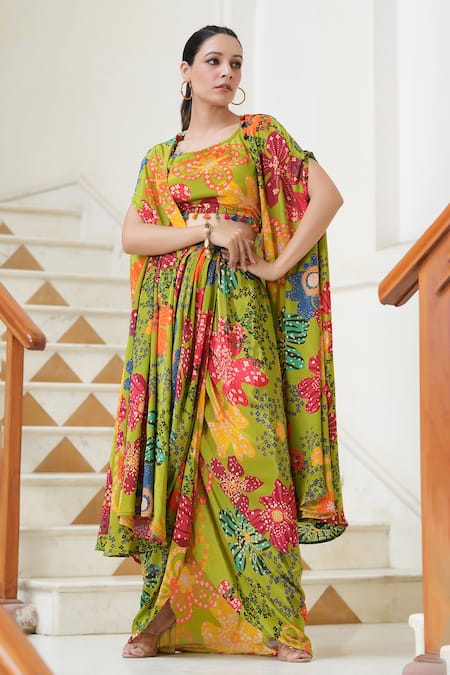 Shop_Bairaas_Green Crepe Tassels Round , Open Floral Pattern Jacket Draped Skirt Set_Online_at_Aza_Fashions