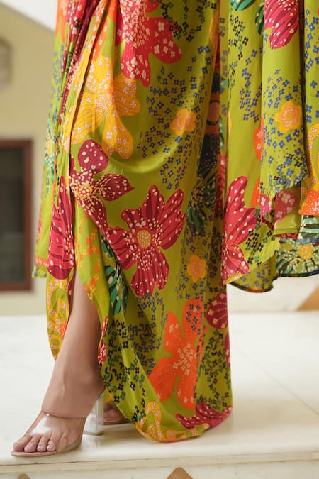 Bairaas_Green Crepe Tassels Round , Open Floral Pattern Jacket Draped Skirt Set_at_Aza_Fashions