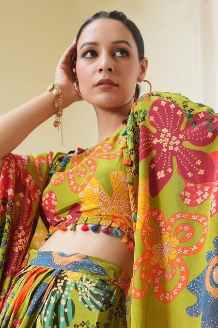 Buy_Bairaas_Green Crepe Tassels Round , Open Floral Pattern Jacket Draped Skirt Set