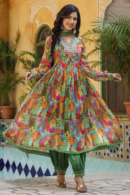 Shop_Bairaas_Green Chiffon, Cotton Mirrors, Metallic Thread, Tropical Pattern Anarkali Set _at_Aza_Fashions