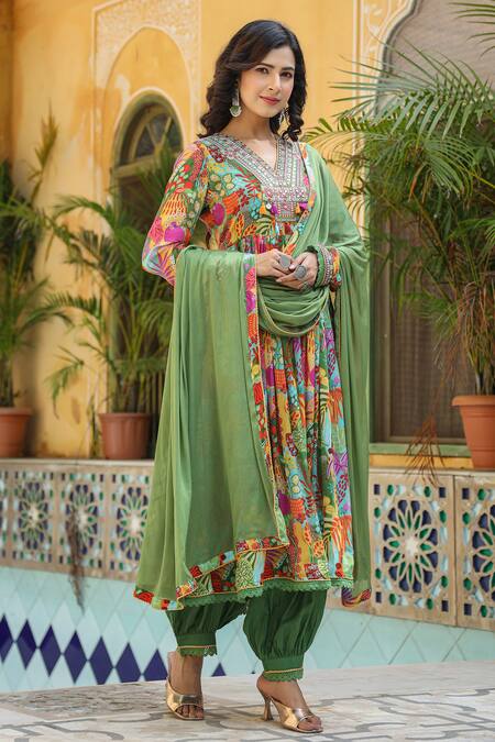 Bairaas_Green Chiffon, Cotton Mirrors, Metallic Thread, Tropical Pattern Anarkali Set _Online_at_Aza_Fashions