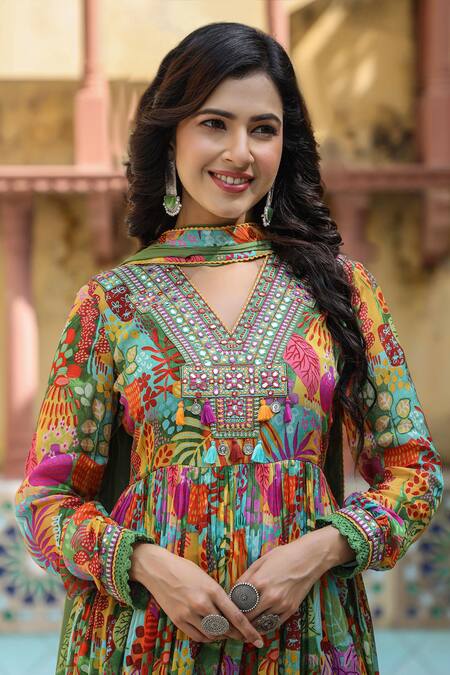 Buy_Bairaas_Green Chiffon, Cotton Mirrors, Metallic Thread, Tropical Pattern Anarkali Set _Online_at_Aza_Fashions
