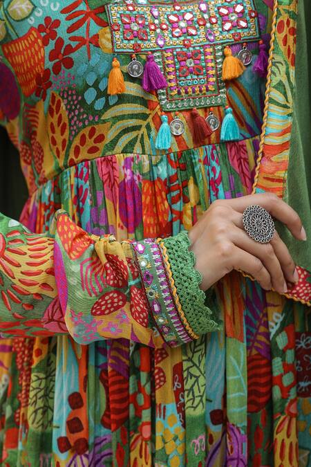 Shop_Bairaas_Green Chiffon, Cotton Mirrors, Metallic Thread, Tropical Pattern Anarkali Set _Online_at_Aza_Fashions