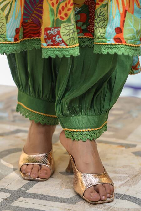 Bairaas_Green Chiffon, Cotton Mirrors, Metallic Thread, Tropical Pattern Anarkali Set _at_Aza_Fashions