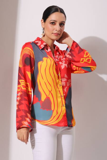 Bairaas_Red Silk Abstract Spread Collar Pattern Shirt_Online_at_Aza_Fashions