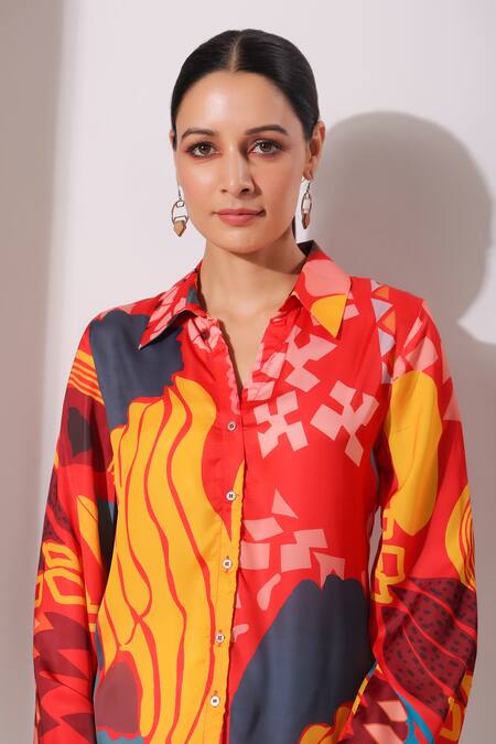 Buy_Bairaas_Red Silk Abstract Spread Collar Pattern Shirt_Online_at_Aza_Fashions