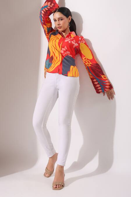 Bairaas_Red Silk Abstract Spread Collar Pattern Shirt_at_Aza_Fashions