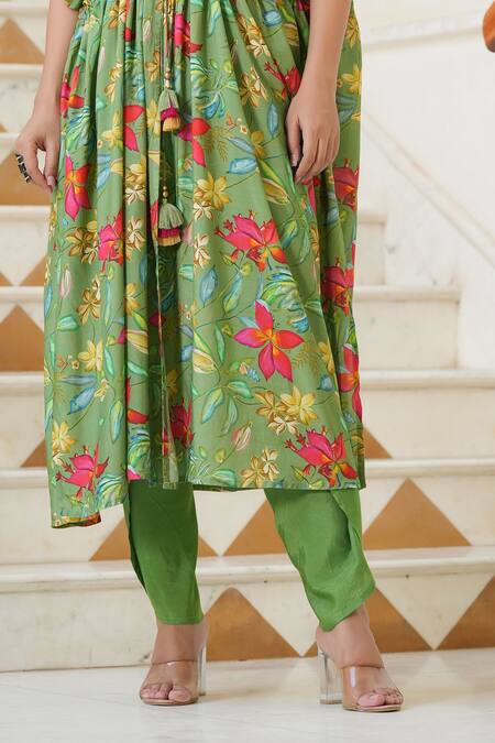 Bairaas_Green Shrug And Blouse Muslin Embroidery Floral Shrug Pattern Tulip Pant Set_Online_at_Aza_Fashions