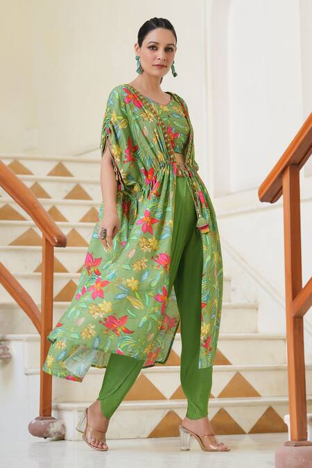 Shop_Bairaas_Green Shrug And Blouse Muslin Embroidery Floral Shrug Pattern Tulip Pant Set_Online_at_Aza_Fashions
