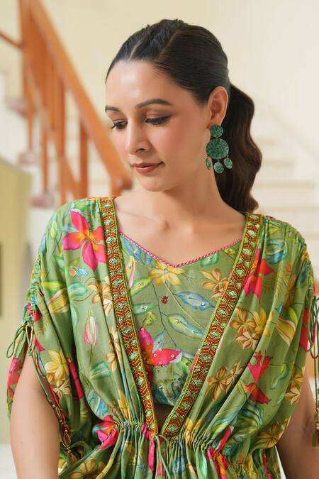 Bairaas_Green Shrug And Blouse Muslin Embroidery Floral Shrug Pattern Tulip Pant Set_at_Aza_Fashions