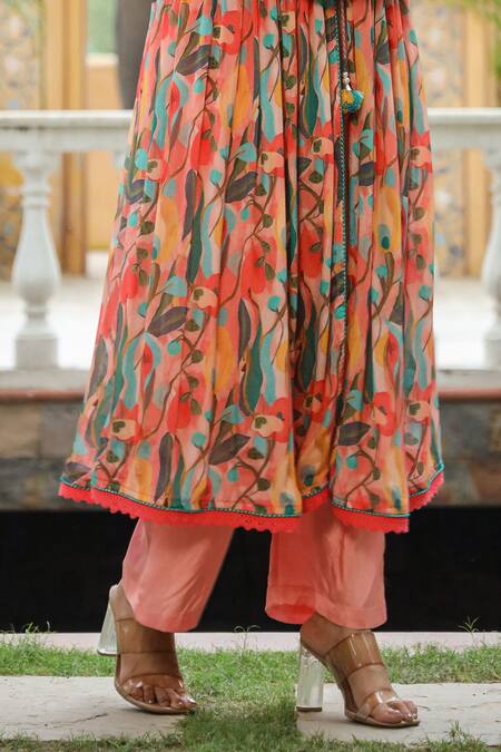 Buy_Bairaas_Peach Lining Cotton, Pant Shantoon, Kurta And Dupatta Garden Pattern Set_Online_at_Aza_Fashions