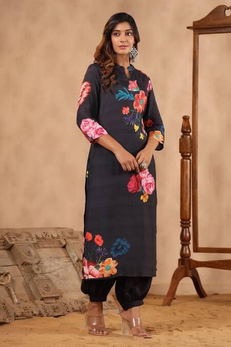 Bairaas_Black Kurta Muslin, Salwar Shantoon Floral Mandarin Collar Pattern And Set_Online_at_Aza_Fashions