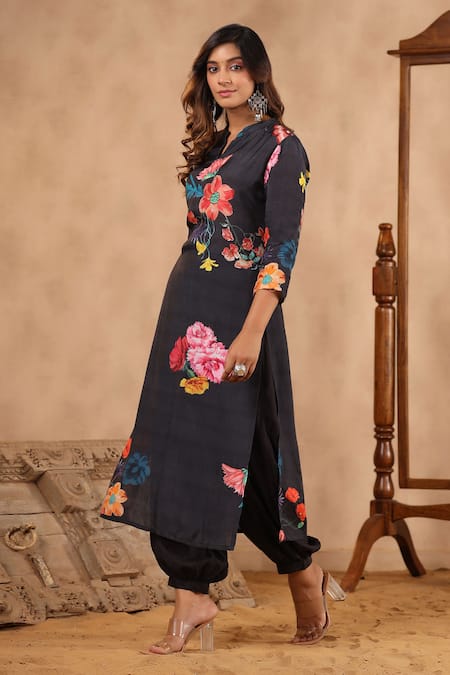 Buy Red Muslin Printed Botanical Shirt Collar Kurta And Pant Set For Women  by Bairaas Online at Aza Fashions.