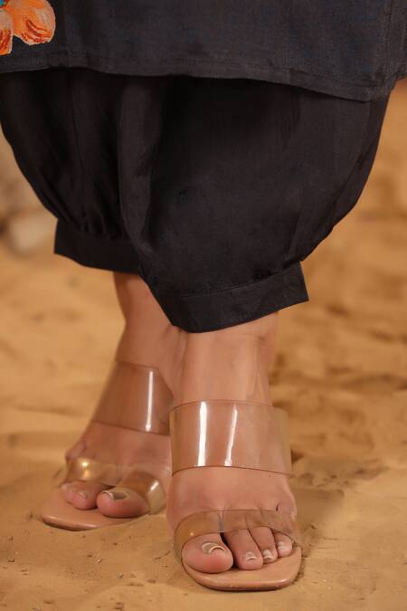 Bairaas_Black Kurta Muslin, Salwar Shantoon Floral Mandarin Collar Pattern And Set_at_Aza_Fashions