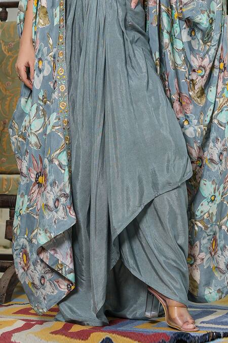 Bairaas Grey Lining Cotton, Skirt Shantoon, Shrug And Floral Pattern Draped Set Online at Aza Fashions Bairaas_Grey Lining Cotton, Skirt Shantoon, Shrug And Floral Pattern Draped Set_Online_at_Aza_Fashions