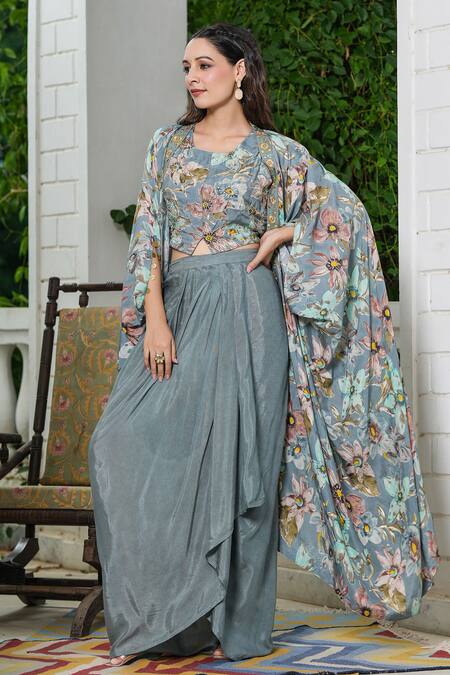 Shop_Bairaas_Grey Lining Cotton, Skirt Shantoon, Shrug And Floral Pattern Draped Set_Online_at_Aza_Fashions