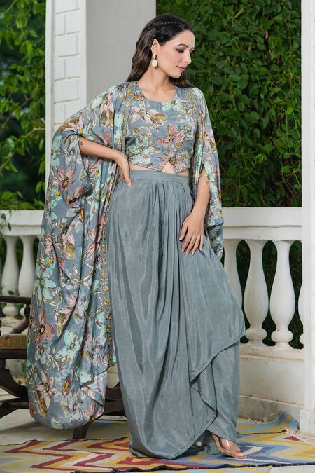 Bairaas_Grey Lining Cotton, Skirt Shantoon, Shrug And Floral Pattern Draped Set_at_Aza_Fashions