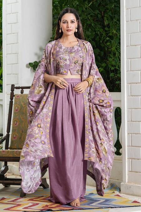 Bairaas_Purple Lining Cotton, Skirt Shantoon, Shrug And Garden Pattern Draped Set_Online_at_Aza_Fashions