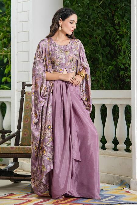 Shop_Bairaas_Purple Lining Cotton, Skirt Shantoon, Shrug And Garden Pattern Draped Set_Online_at_Aza_Fashions
