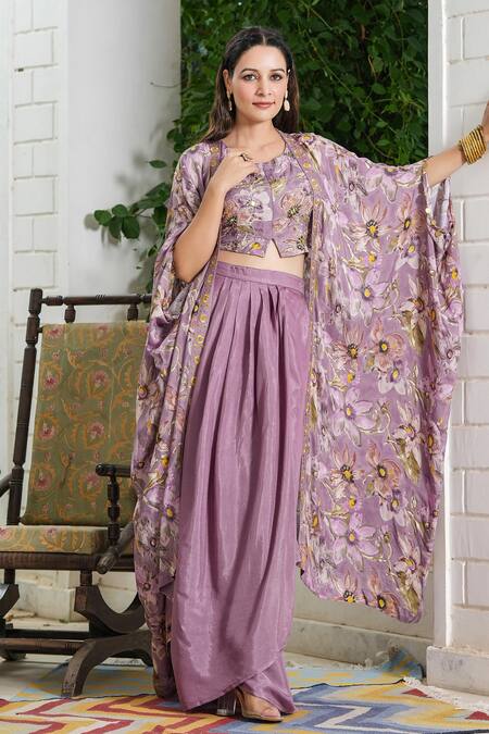 Bairaas_Purple Lining Cotton, Skirt Shantoon, Shrug And Garden Pattern Draped Set_at_Aza_Fashions