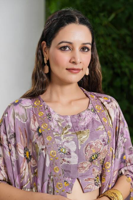 Buy_Bairaas_Purple Lining Cotton, Skirt Shantoon, Shrug And Garden Pattern Draped Set