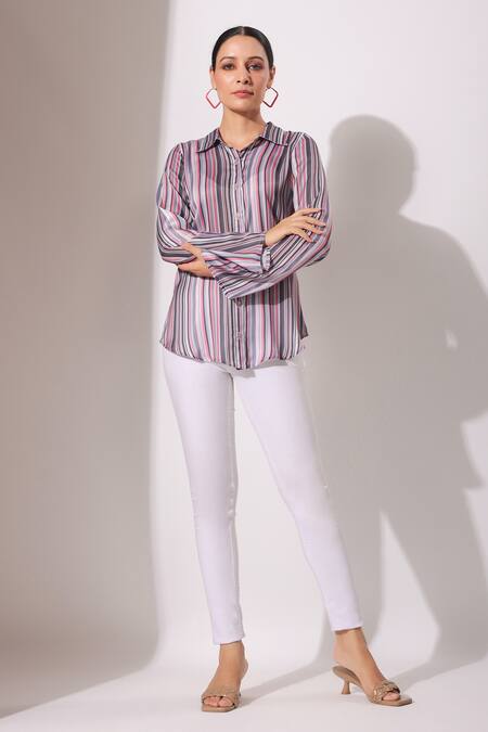 Bairaas_Peach Silk Stripe Spread Collar Pattern Shirt_Online_at_Aza_Fashions
