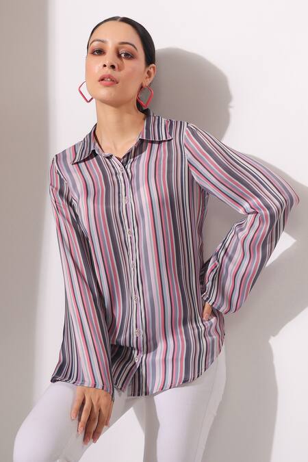 Bairaas_Peach Silk Stripe Spread Collar Pattern Shirt_at_Aza_Fashions