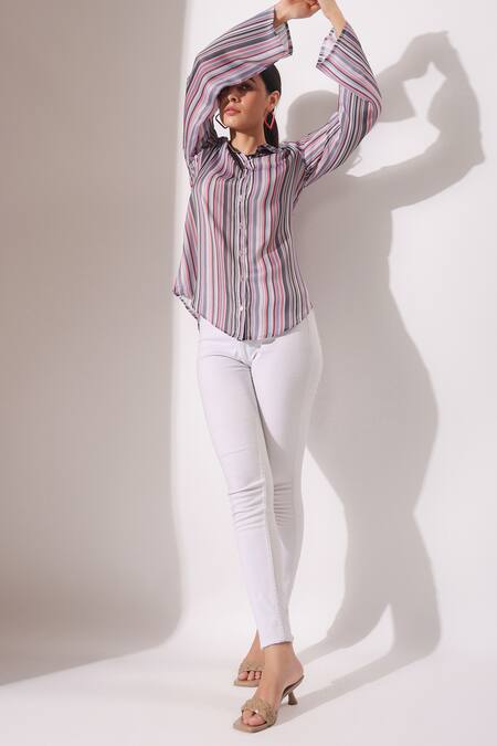 Buy_Bairaas_Peach Silk Stripe Spread Collar Pattern Shirt