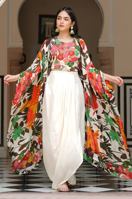 Buy_Bairaas_Cream Lining Cotton, Skirt Shantoon, Shrug And Blouse Pattern Draped Set_Online_at_Aza_Fashions