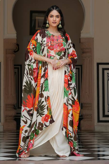 Shop_Bairaas_Cream Lining Cotton, Skirt Shantoon, Shrug And Blouse Pattern Draped Set_Online_at_Aza_Fashions