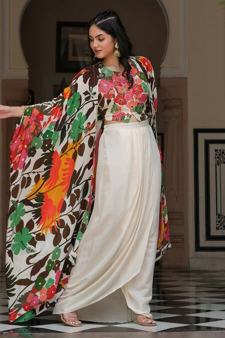 Bairaas_Cream Lining Cotton, Skirt Shantoon, Shrug And Blouse Pattern Draped Set_at_Aza_Fashions