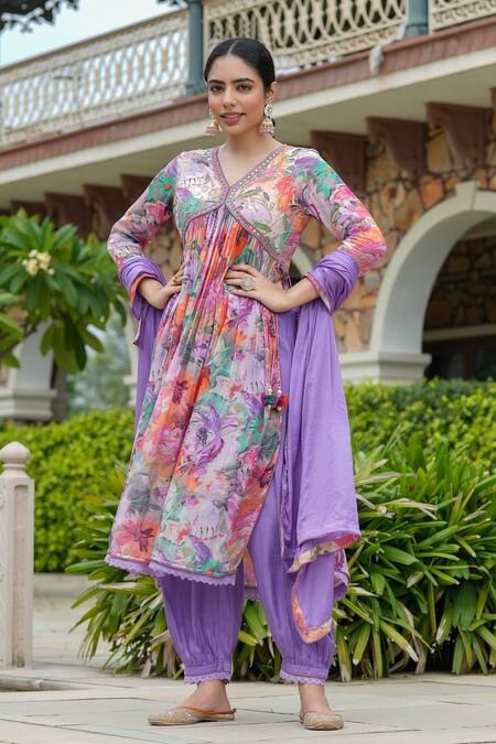 Buy_Bairaas_Purple Anarkali And Dupatta Chinnon Embroidery Blossom V Neck Pattern Salwar Set_Online_at_Aza_Fashions
