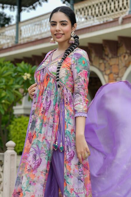 Shop_Bairaas_Purple Anarkali And Dupatta Chinnon Embroidery Blossom V Neck Pattern Salwar Set_Online_at_Aza_Fashions