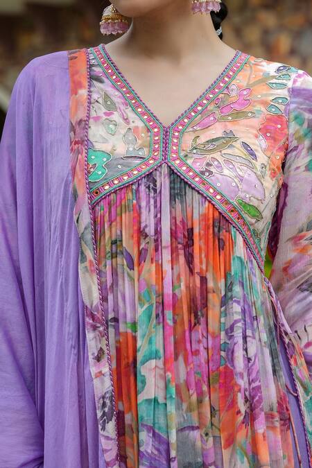 Bairaas_Purple Anarkali And Dupatta Chinnon Embroidery Blossom V Neck Pattern Salwar Set_at_Aza_Fashions