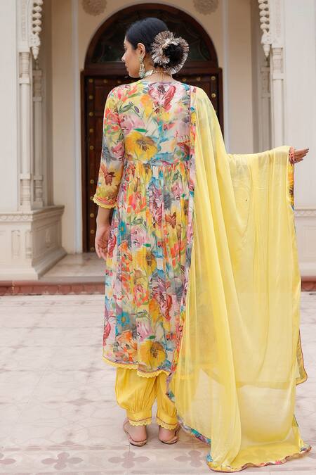 Shop Bairaas Yellow Anarkali And Dupatta Chinnon Embroidery Florette V Pattern Salwar Set at Aza Fashions Shop_Bairaas_Yellow Anarkali And Dupatta Chinnon Embroidery Florette V Pattern Salwar Set_at_Aza_Fashions